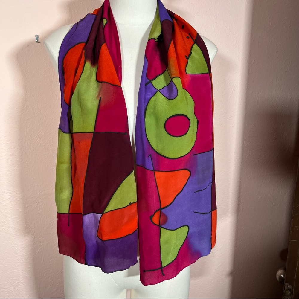 Vintage 1980's Hand Painted Retro Color Block abstract Heavy Silk Magenta Scarf